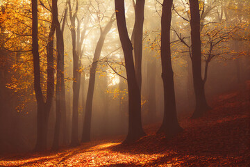Path leading through an autumn forest landscape - obrazy, fototapety, plakaty