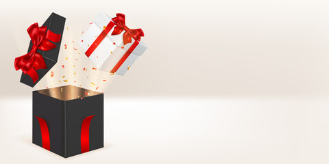 Festive illustration with white and black gift boxes with red ribbons and bows, pieces of serpentine fly out of it