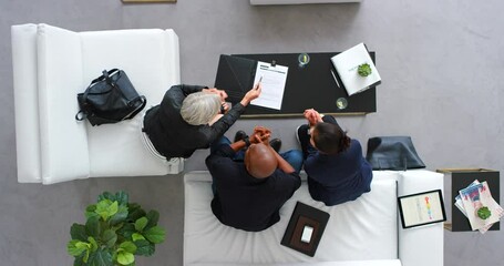 Investment contract, financial advisor meeting and client finance planning, document or paperwork in green workplace. Business woman or corporate banker with growth, profit and finance strategy above - Powered by Adobe