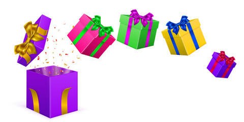 Festive illustration with colored gift boxes with ribbons and bows, and pieces of serpentine