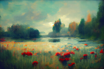 Impressionism art painting of a landscape scene with red flowers at the lake 