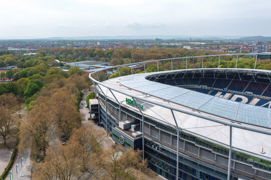 Aerial view of  Niedersachsenstadion (known as Heinz-von-Heiden-Arena or HDI-Arena), home stadium for Hannover 96 football club. Hanover, Germany - May 2022