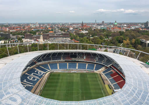 Niedersachsenstadion (known as Heinz-von-Heiden-Arena or HDI-Arena), home stadium for Hannover 96 and panorama of Hanover, Germany - May 2022
