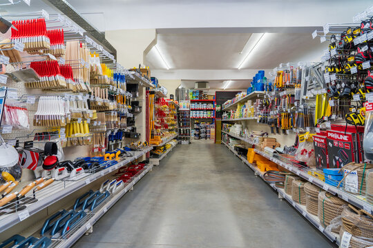 Wide range in the tools department. Goods in a building materials store. June 24, 2022 Balti Moldova.