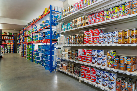 Paint department. Goods in a building materials store. June 24, 2022 Balti Moldova.