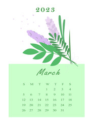 Calendar for 2023, march, timetable, vector	