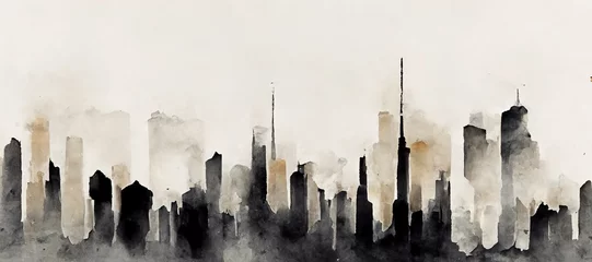 Wall murals Watercolor painting skyscraper Abstract cityscape watercolor painting with black and white color. 3D render. Raster illustration.