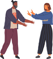 Husband and wife shouting blaming each other of problem. Man and woman quarreling relationships, unhappy young family fighting concept. Angry, arguing couple of people shouting vector illustration
