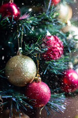 Christmas tree. Traditional Christmas decoration. blurred background