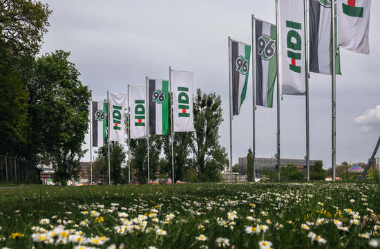 Flags With Hannover 96 And HDI Logo At The Niedersachsenstadion (known As Heinz-von-Heiden-Arena Or HDI-Arena). Hanover, Germany - May 2022