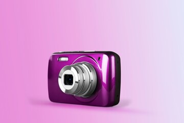 Creative vintage camera floating on background. Concept art. Minimal summer idea.