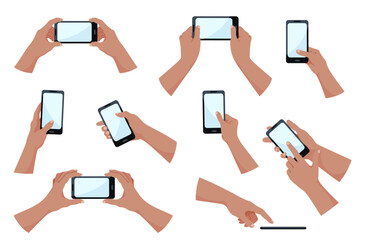 Obraz na płótnie Canvas Hands holding mobile phones with blank screen template. People hold smartphones and touch the screen with their finger. The concept of communication, selfie, watching videos, social networks. Vector 