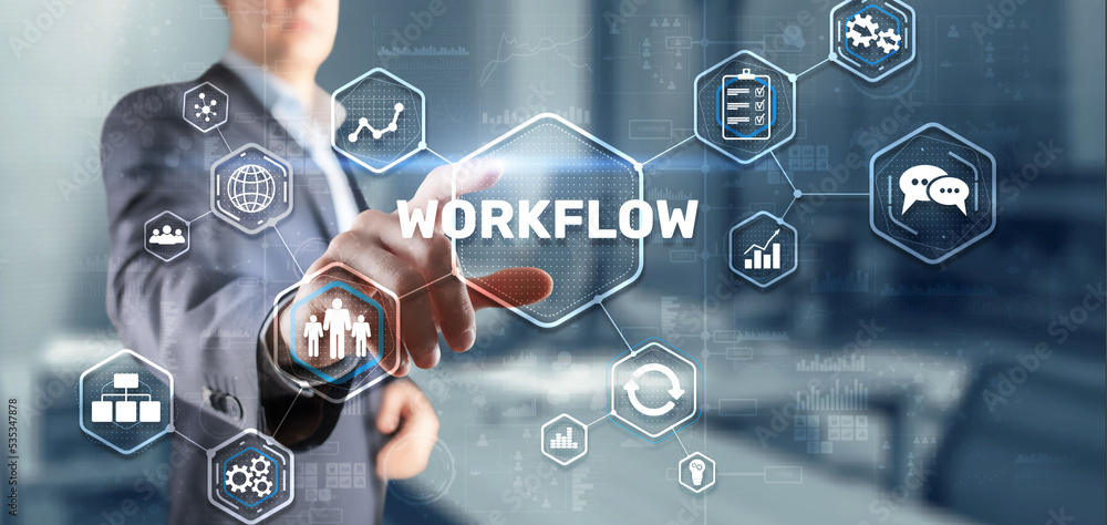 Aufkleber workflow repeatability systematization buisness process. business technology internet