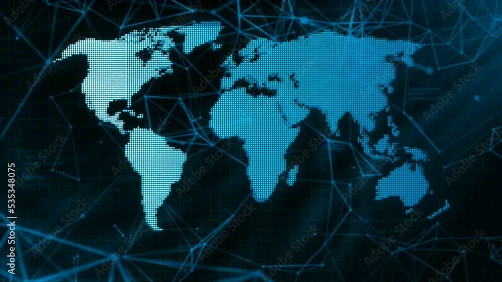 Poster abstract world map on a plexus background. motion. concept of social science and globalization.