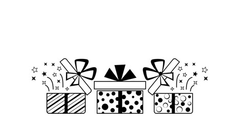 Illustration with several gift boxes with bows and different patterns, black on white background