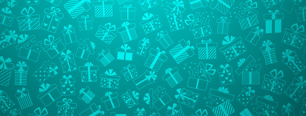 Background of gift boxes with bows and different patterns, in light blue colors