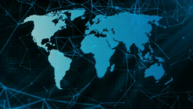 Abstract world map on a plexus background. Motion. Concept of social science and globalization.