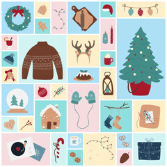 Fototapeta premium Christmas decoration set vector illustration. Cartoon cute winter season elements collection with gingerbread, mistletoe wreath and crystal ball, hat and gifts for kids in square collage background