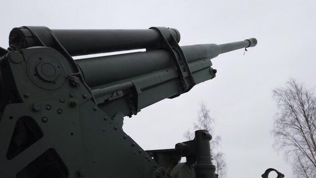 Artillery cannon monument. ancient howitzer