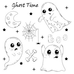 Halloween little ghost in cute sketch style. Doodle ghost set.Vector outline illustrations