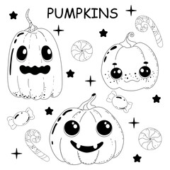 Funny pumpkins with different emotions. Doodle set of outline black and white for Halloween. Design for holiday greeting card and invitation, flyers, posters, banner halloween party holiday