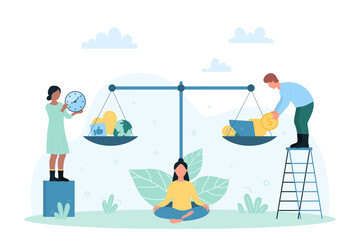 Comparison of work life balance vector illustration. Cartoon tiny man and woman compare on scales with money price of career, wellness and healthy lifestyle. Responsibility, choice, payment concept