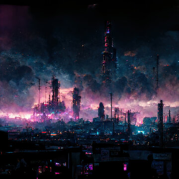 Ai generated - Science fiction city dystopia  illustration of futuristic post apocalyptic sci-fi city . dramatic city landscape concept art.