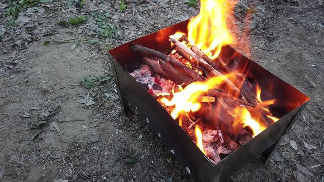 Firewood is burning in a brazier. bonfire for cooking