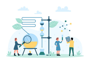 Chemistry, science and laboratory research vector illustration. Cartoon tiny scientist holding lab magnifying glass to watch scientific experiment, researcher analyzing liquid in flask distiller