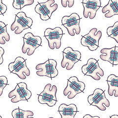 Teeth care treatment collection. Dental medicine theme pattern for posters, books, leaflets, stickers. Illustrations of teeth with braces. Vector hand drawn style.