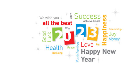 Happy New Year 2023 colorful negative space numbers word cloud text white isolated background vector