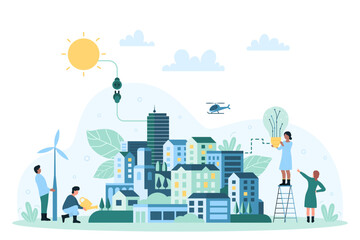 Green energy for homes of eco friendly city vector illustration. Cartoon minimal geometric cityscape with solar panels and windmill, skyscrapers and park, people connect light bulb to electric system - obrazy, fototapety, plakaty