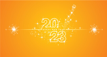 Happy New Year 2023 eve line design loading sparkle firework champagne open white orange yellow vector wallpaper greeting card