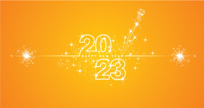 Happy New Year 2023 eve line design loading sparkle firework champagne open white orange yellow vector wallpaper greeting card