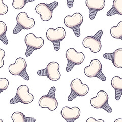 Teeth care treatment collection. Dental medicine theme pattern for posters, books, leaflets, stickers. Illustrations of dental implants. Vector hand drawn style.