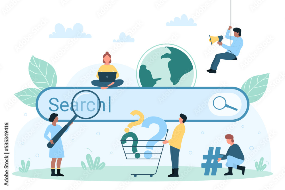 Poster online web search service vector illustration. cartoon tiny people look through magnifying glass to 