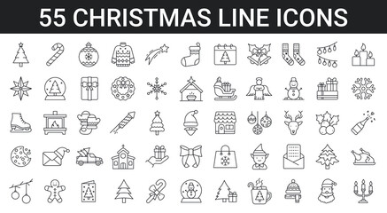 55 christmas line icon collection. Holiday symbol. Outline Xmas icons set. Editable stroke