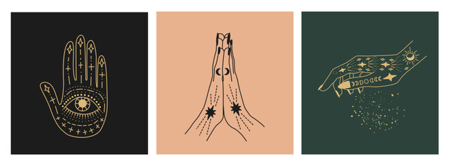 Set of linear vector illustrations. Hand-drawn magical hands. Design elements for decoration in modern style. Cursing hands. mystical elements.
