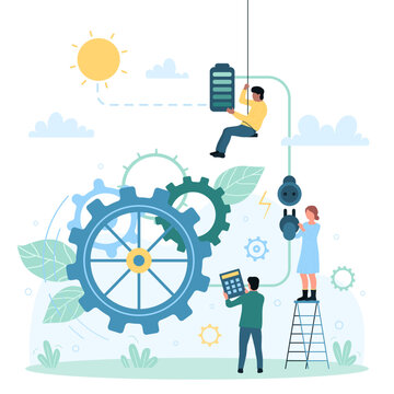 Electrification, Solar Panel Farm, Alternative Eco Green Technology Vector Illustration. Cartoon Tiny People Charge Battery From Heat Of Sun, Renewable Energy From Sunlight To Power Gear Mechanism