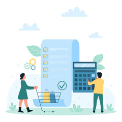 Payment bill and financial documents vector illustration. Cartoon tiny people holding supermarket cart and calculator to check paper fiscal receipt, pay for purchases on approved invoice in shop