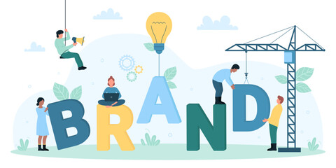 Brand development, advertising vector illustration. Cartoon tiny people build company identity, personality and business reputation, building process of brand word with construction crane, light bulb