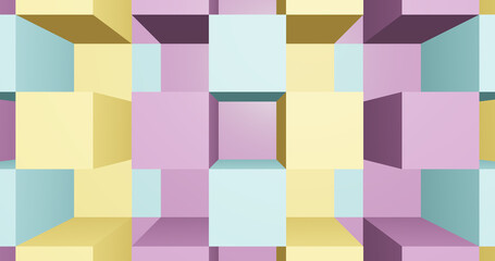 Render with geometric background of colorful yellow, blue and purple cubes