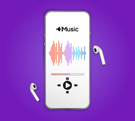 Music banner.Notes media music banner with copy space. Mobile smartphone screen with music application, sound headphones. Audio vector with radio beats isolated on white background.