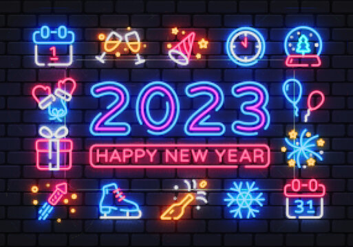 Happy new 2023 year in Neon style. New year neon for flyer design. Brochure creative design. Template design. Vector illustration