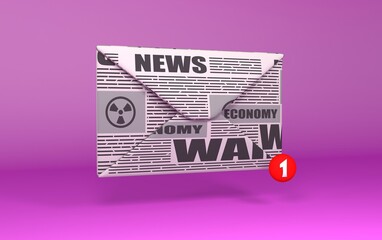 newsletter 3D illustration. Newspaper envelop. Incoming news 3d icon.