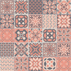 Azulejo talavera ceramic tile majolica pattern, pink gray traditional pastel background illustration