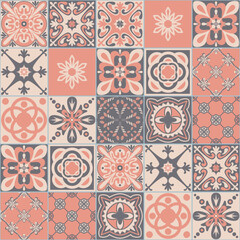 Azulejo talavera ceramic tile majolica pattern, pink gray traditional pastel, vector illustration