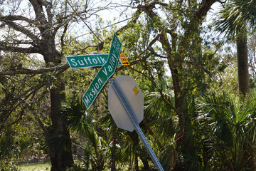 Road signs were bent during the hurricane Ian hitting Nokomis, Florida in September 2022.