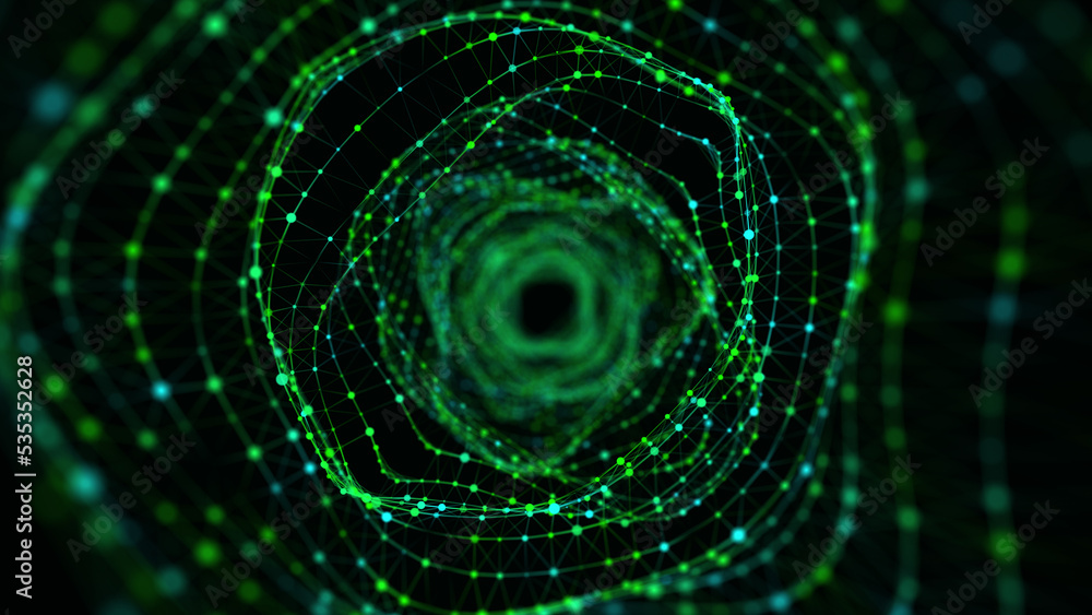 Aufkleber Abstract 3d portal. Circle tunnel or wormhole. Digital background with connected green dots. 3d rendering.