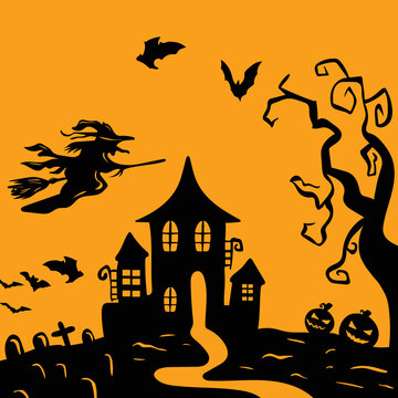 halloween background with house and pumpkin and witch flying and bat